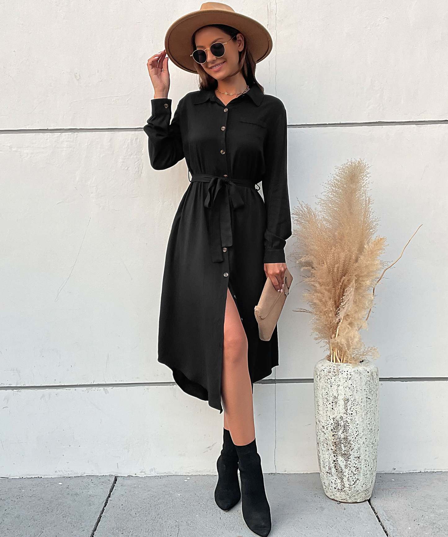 Slant Pockets Belted Black Midi Dress
