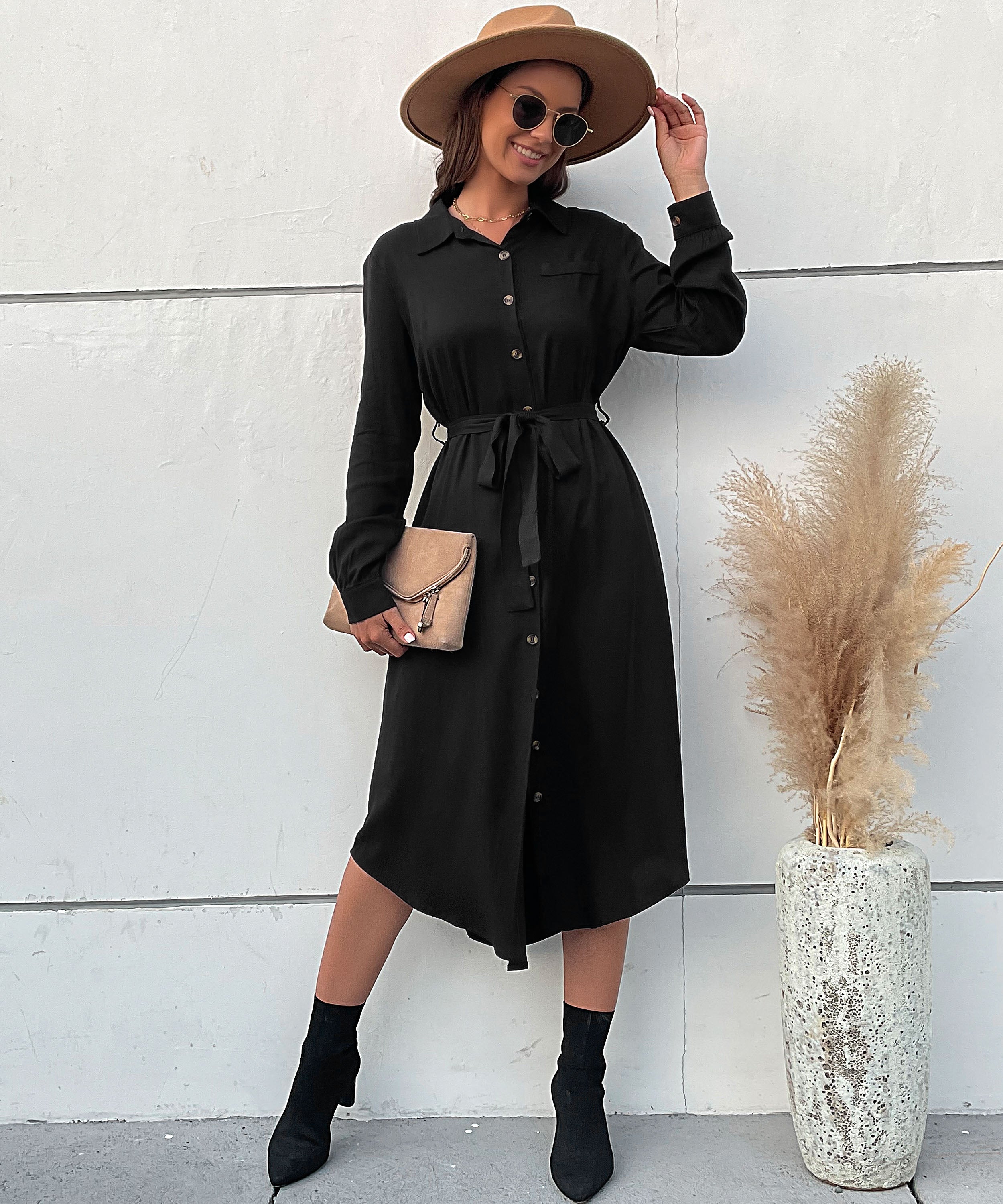 Slant Pockets Belted Black Midi Dress