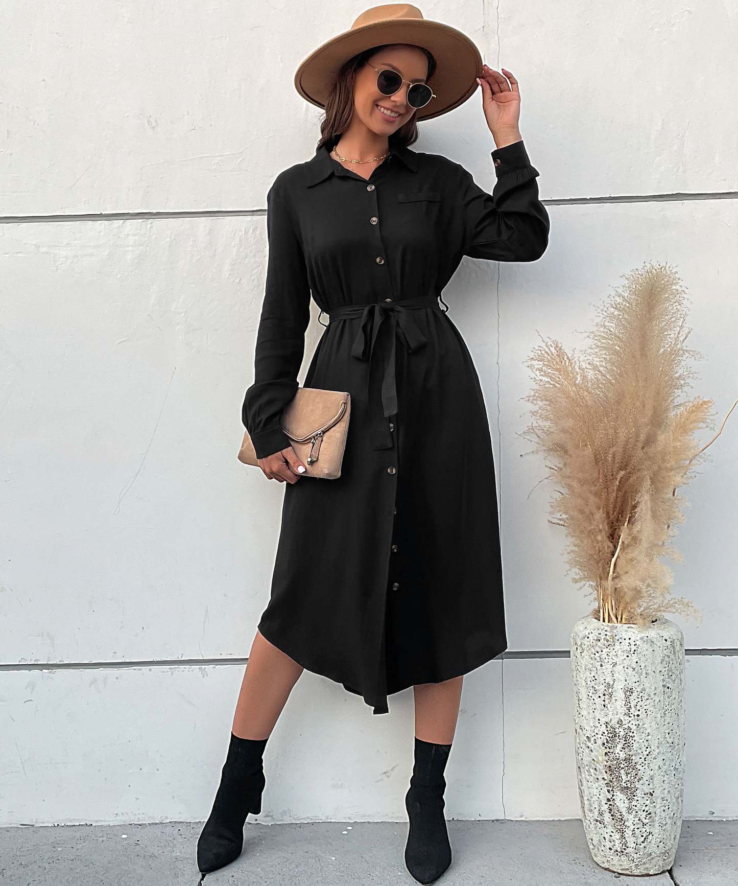 Slant Pockets Belted Black Midi Dress