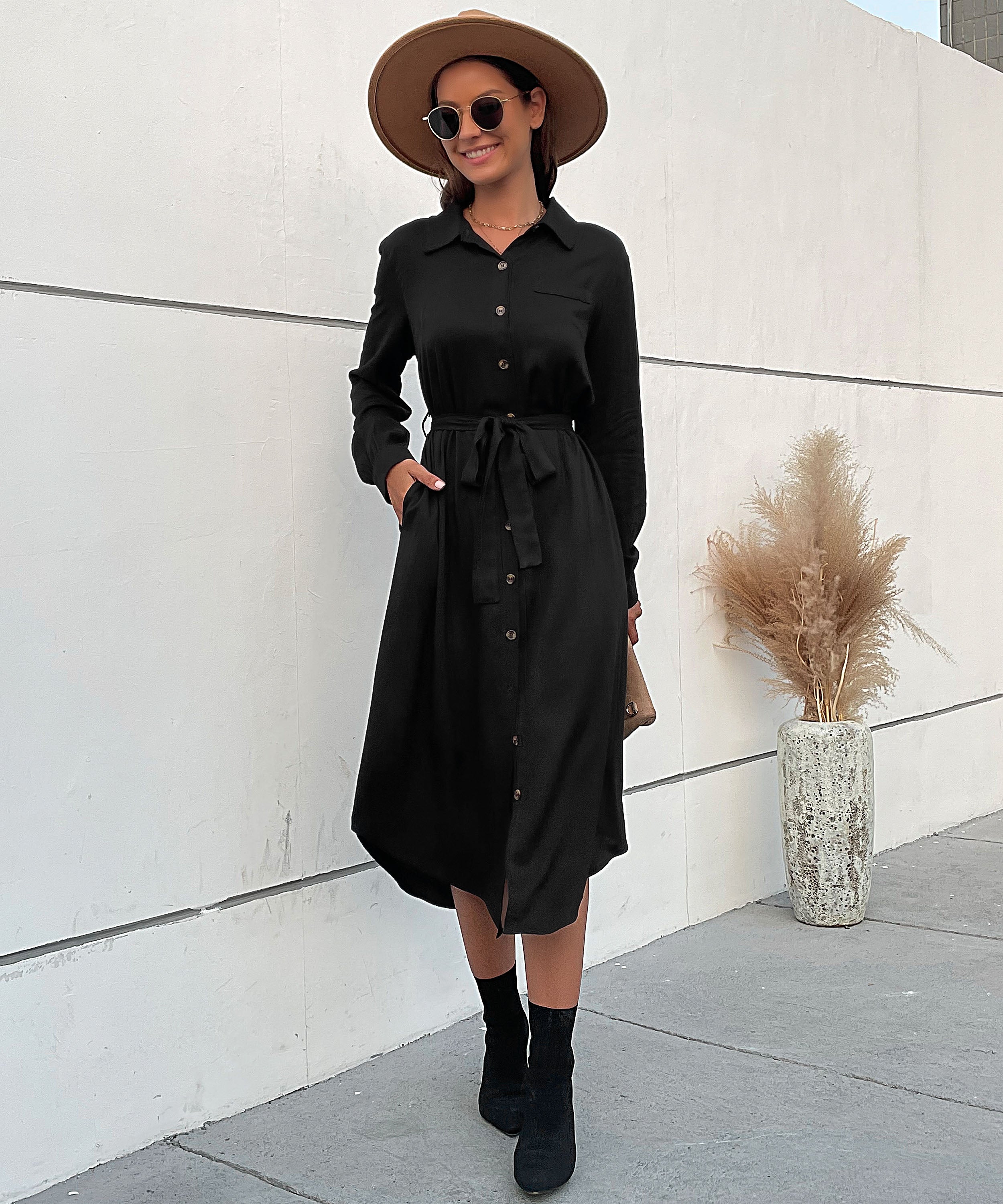 Slant Pockets Belted Black Midi Dress