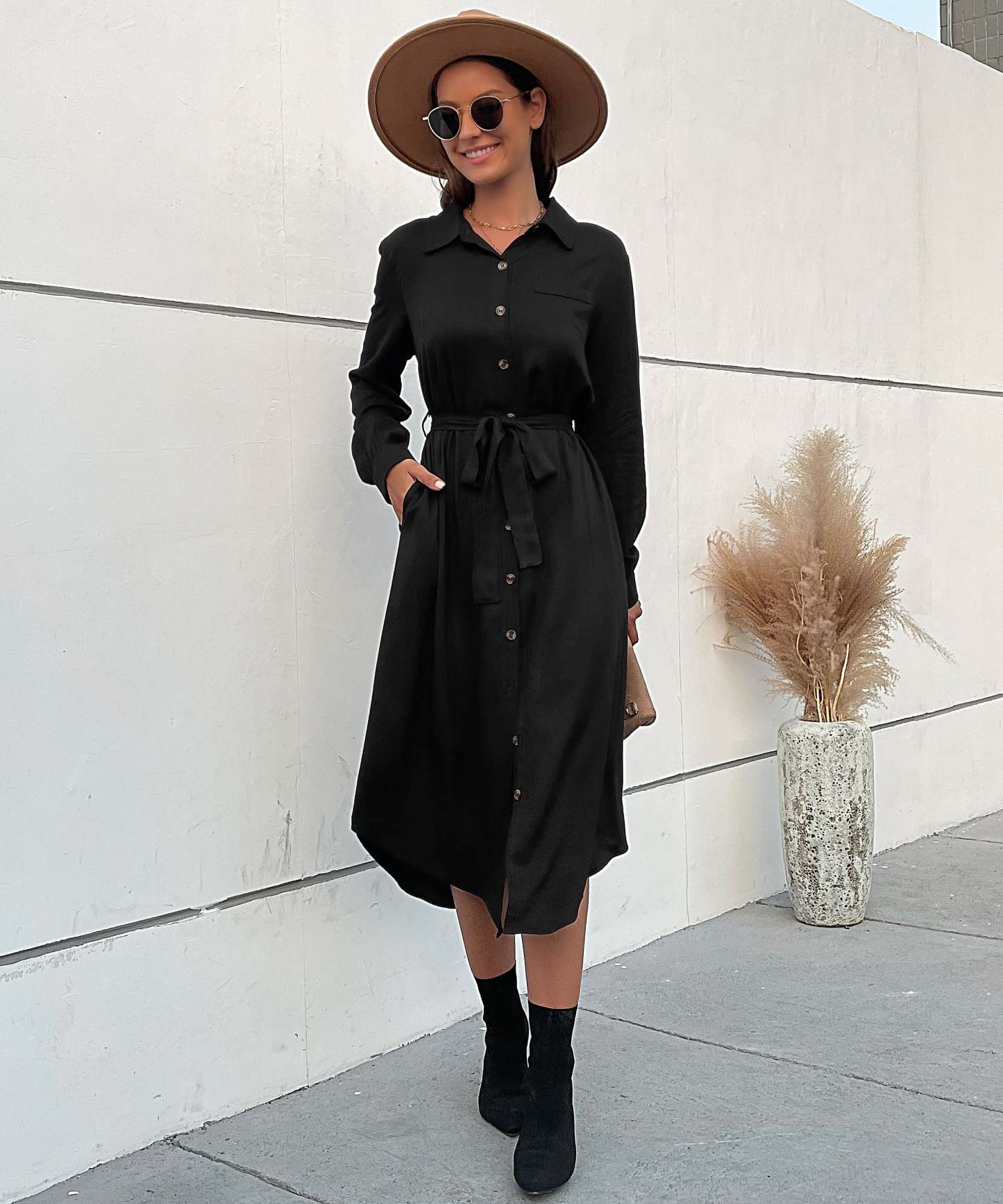 Slant Pockets Belted Black Midi Dress