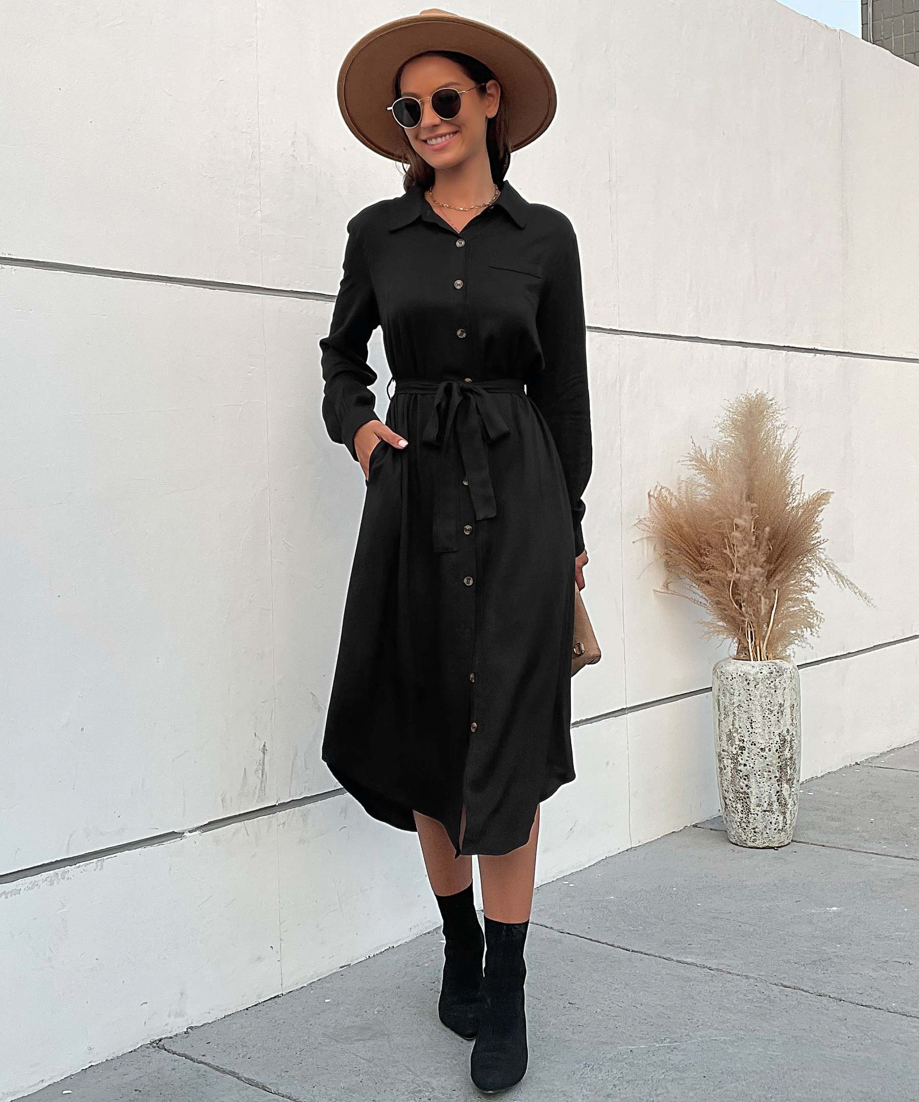 Slant Pockets Belted Black Midi Dress