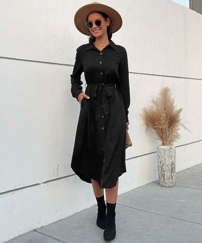 Slant Pockets Belted Black Midi Dress