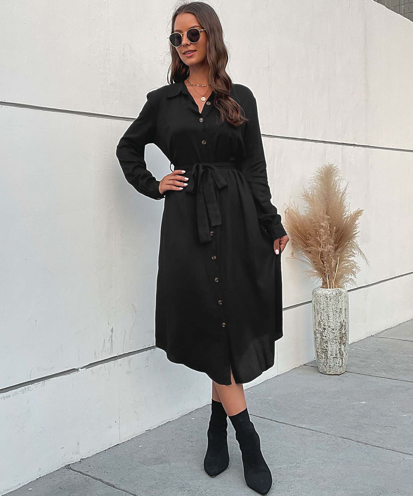 Slant Pockets Belted Black Midi Dress