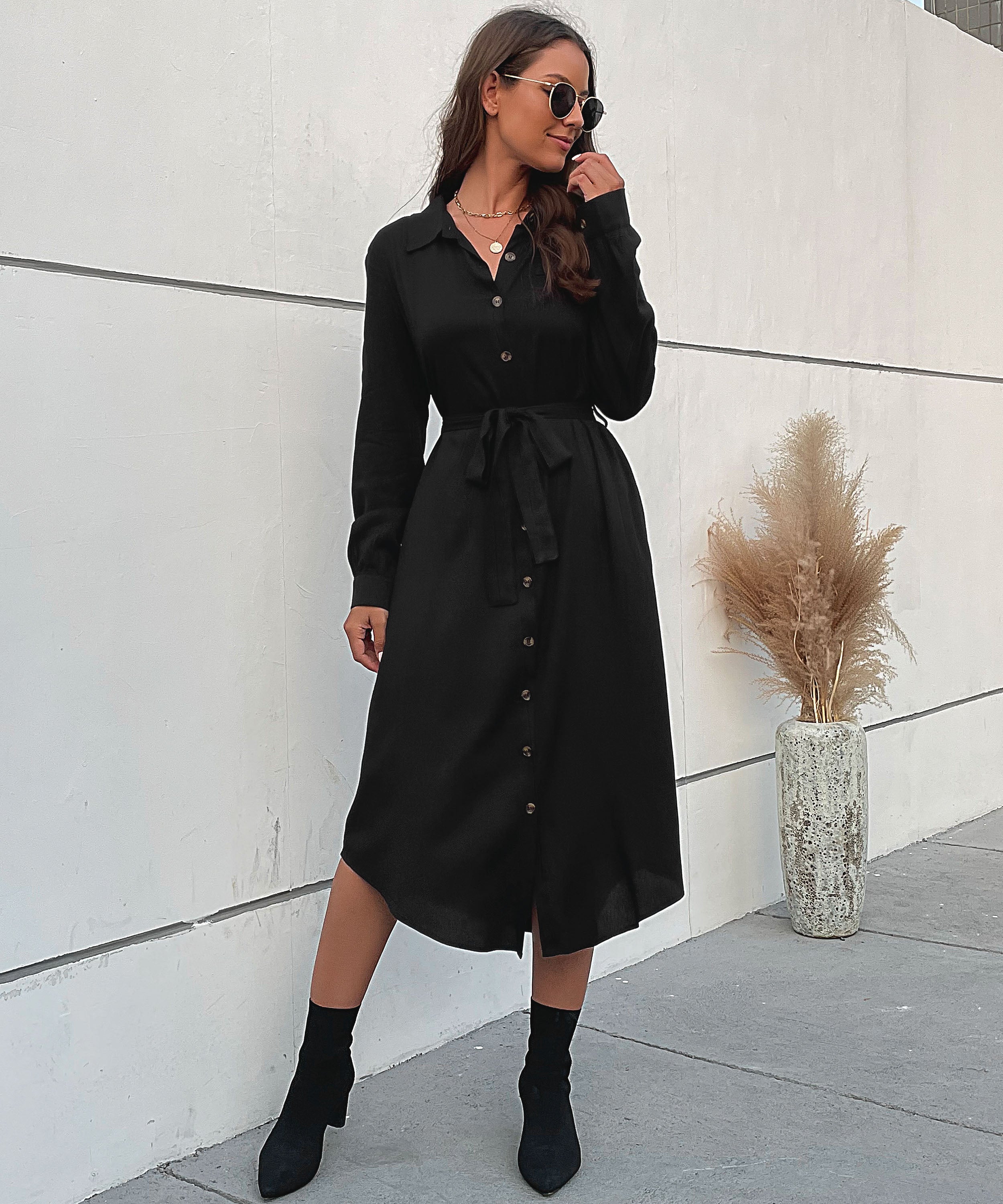 Slant Pockets Belted Black Midi Dress