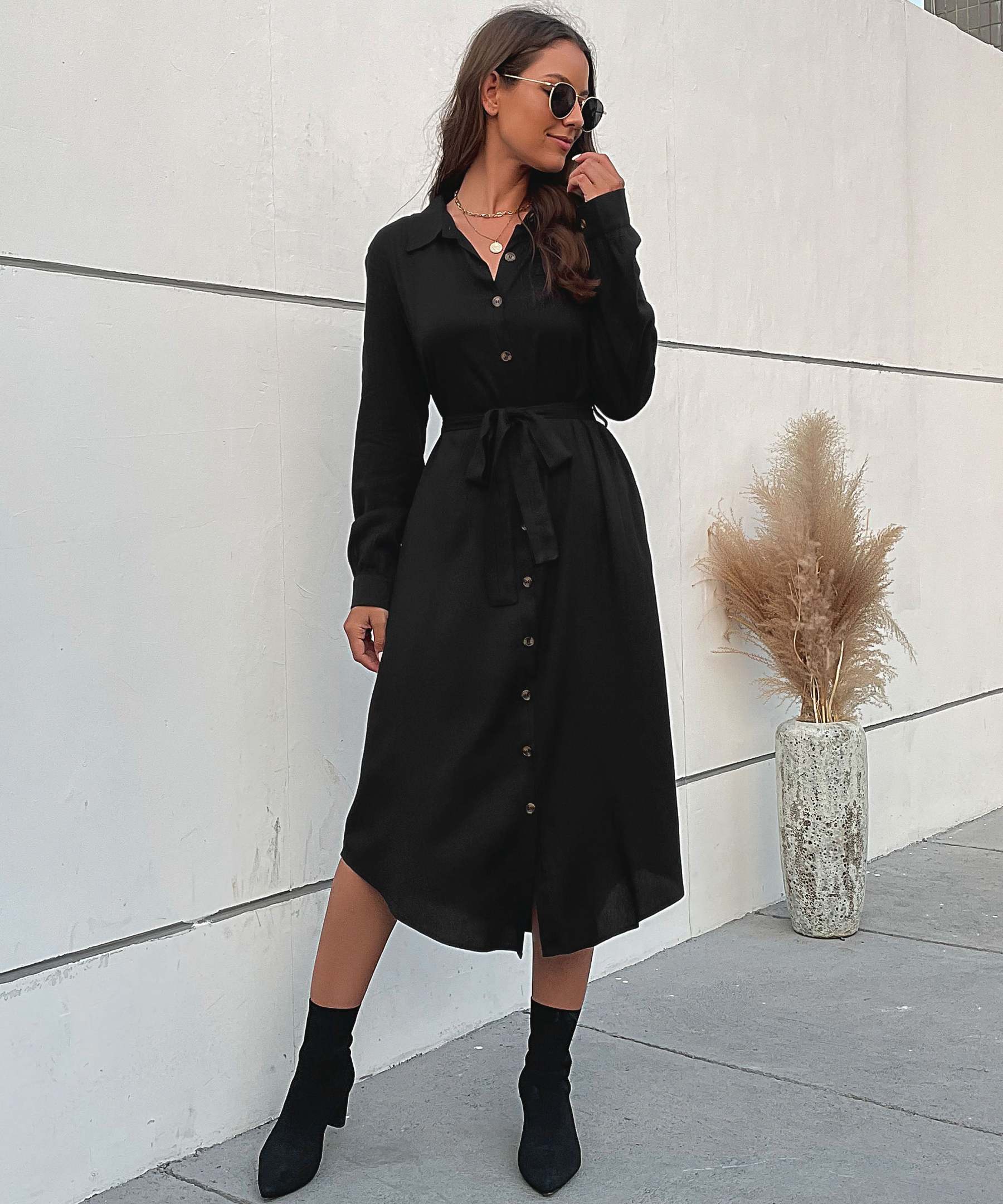 Slant Pockets Belted Black Midi Dress