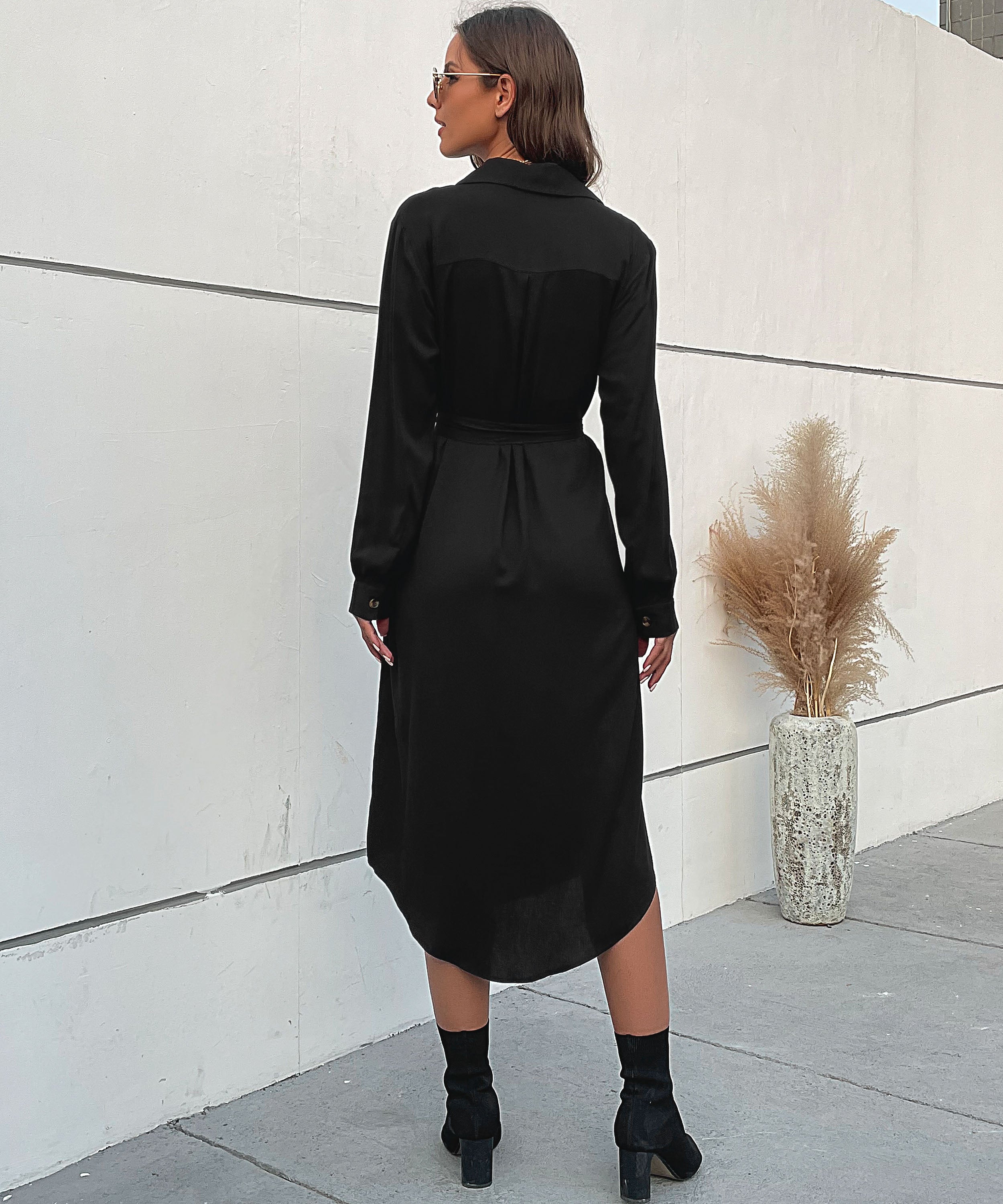 Slant Pockets Belted Black Midi Dress