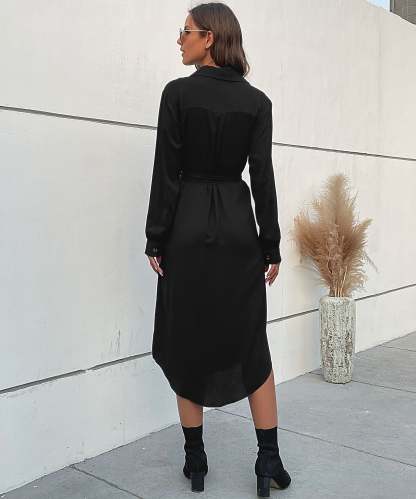 Slant Pockets Belted Black Midi Dress
