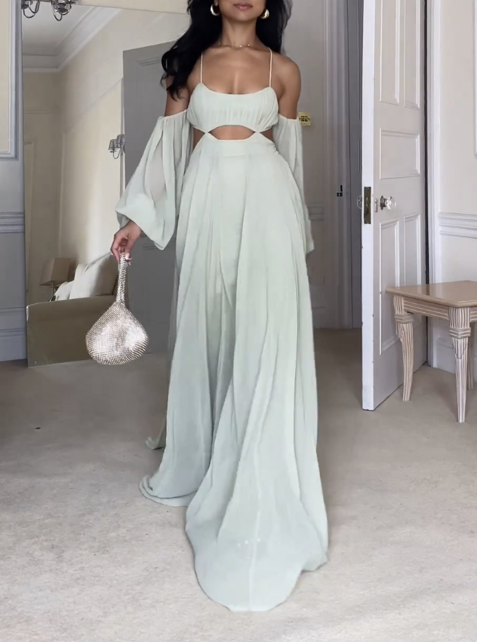 Ruffle Off The Shoulder Light Khaki Maxi Dress