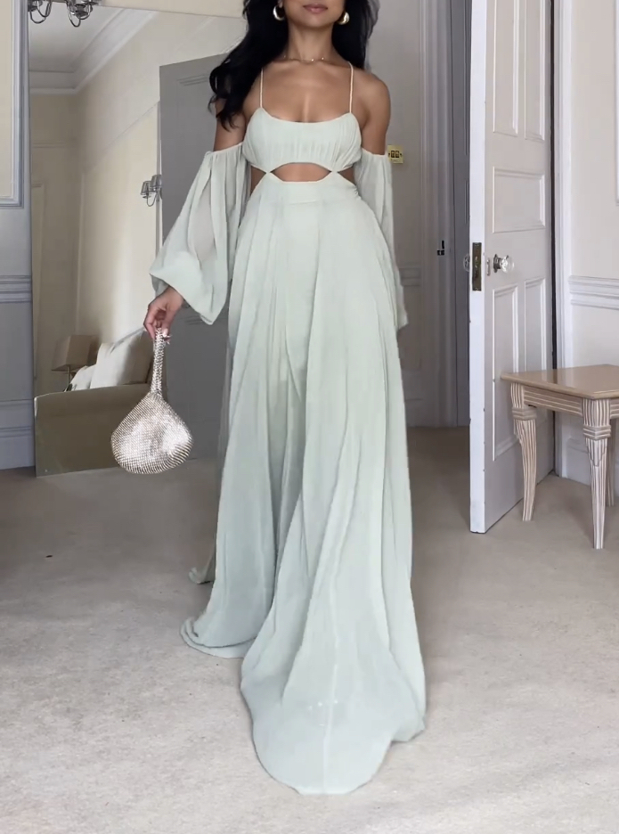 Ruffle Off The Shoulder Light Khaki Maxi Dress