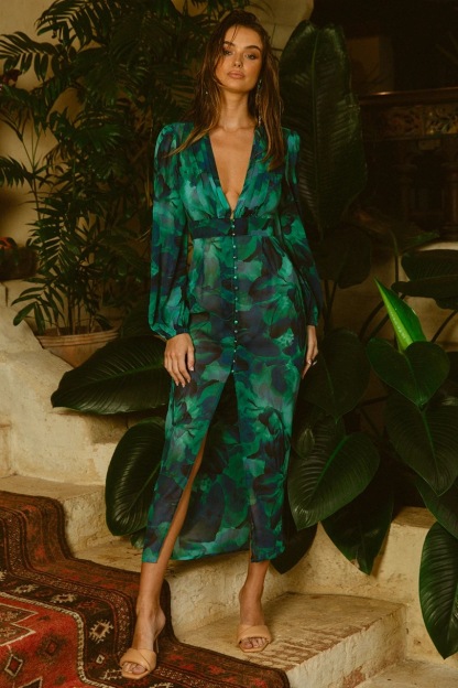 Calista Green Print Long Sleeve Midi Dress 