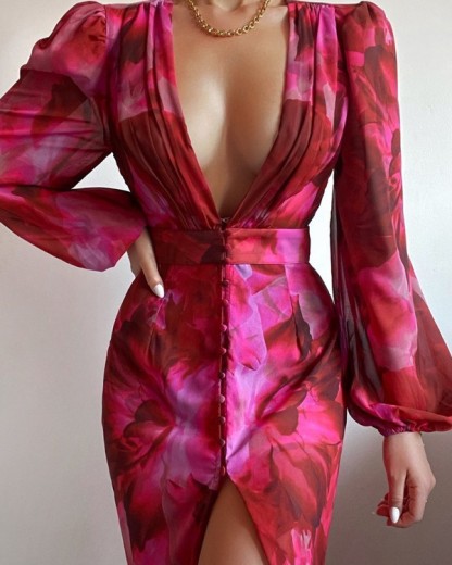  Red Print Long Sleeve Midi Dress