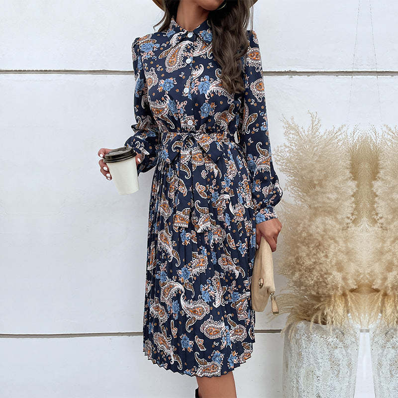Paisley Print Pleated Hem Belted Midi Dress