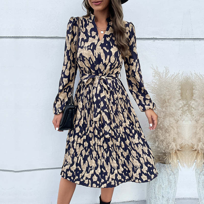 Allover Print Notched Neckline Pleated Hem Belted Midi Dress