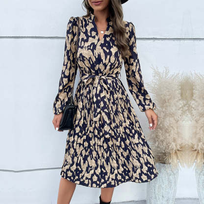 Allover Print Notched Neckline Pleated Hem Belted Midi Dress