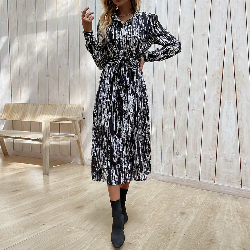 Allover Print Button Front Belted Shirt MidiDress