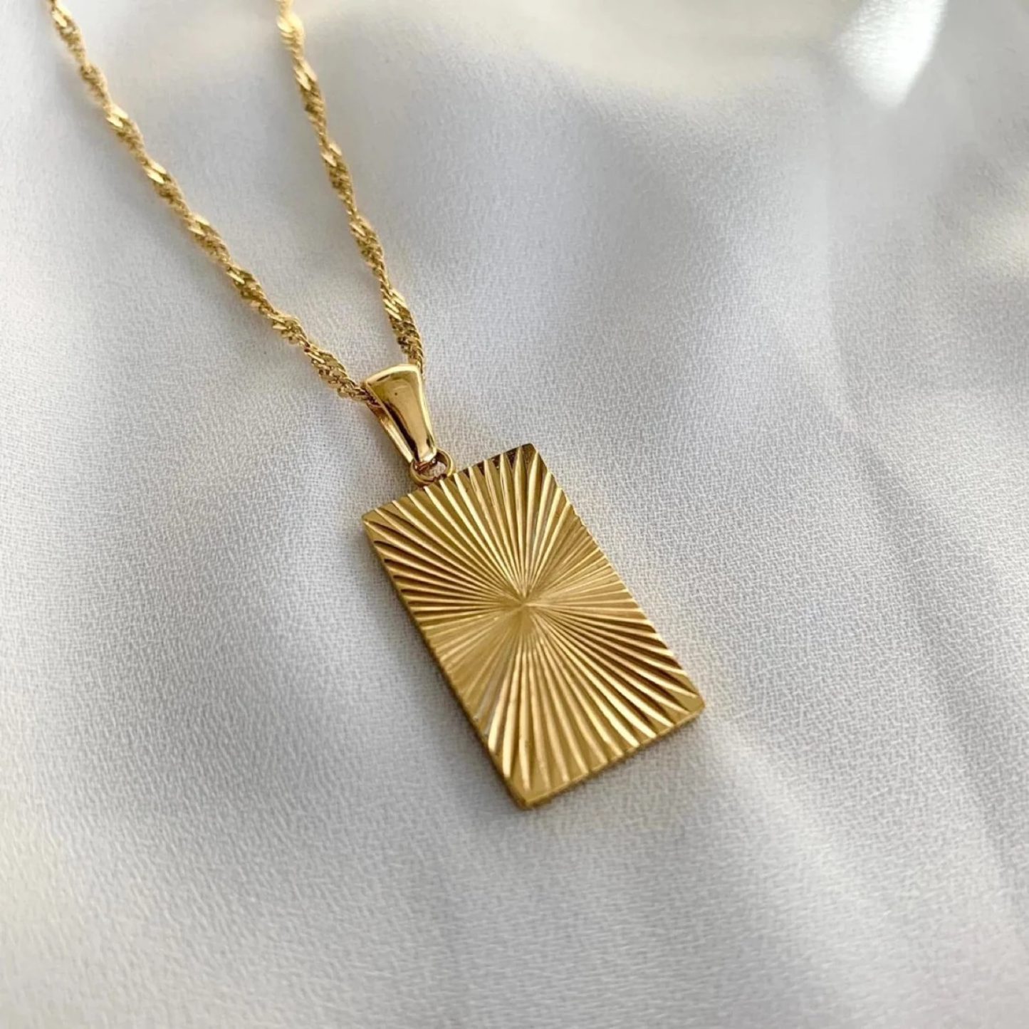 18K Gold Plated Stainless Steel Sunburst Rectangle Pendant Necklace