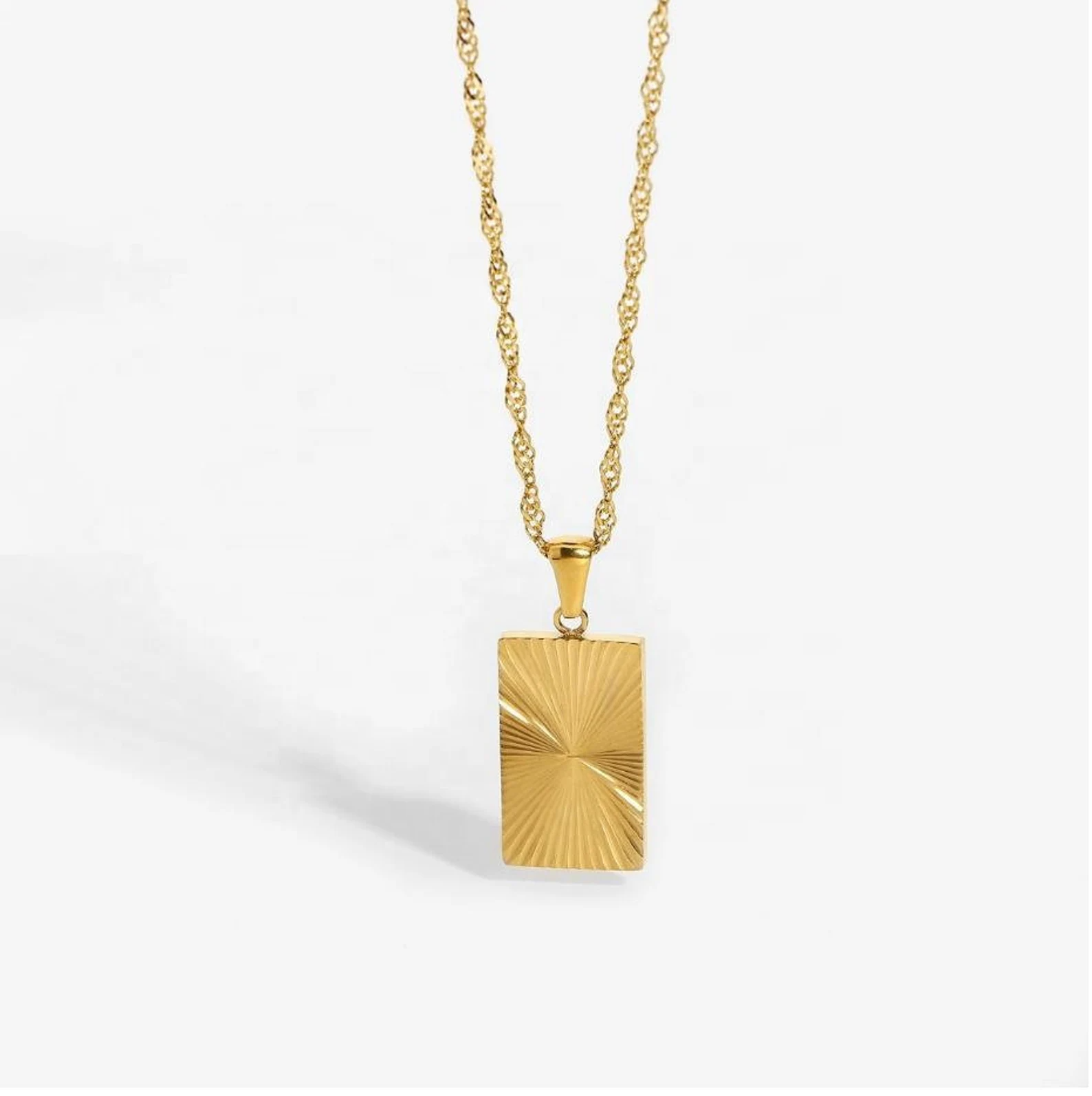 18K Gold Plated Stainless Steel Sunburst Rectangle Pendant Necklace