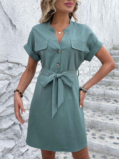 Women's Solid Color Button V Neck Short Sleeve Dress