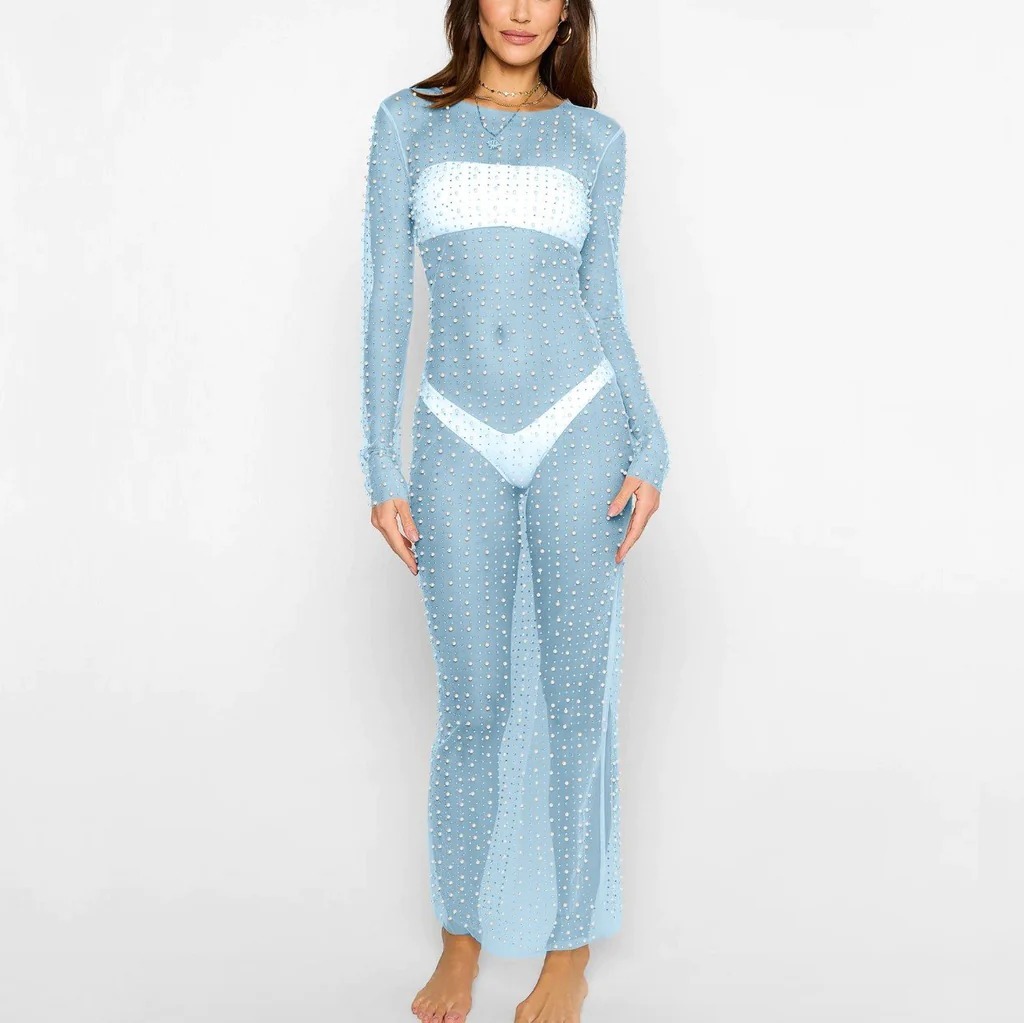 Beaded Hot Diamond Sexy Mesh Maxi Dress