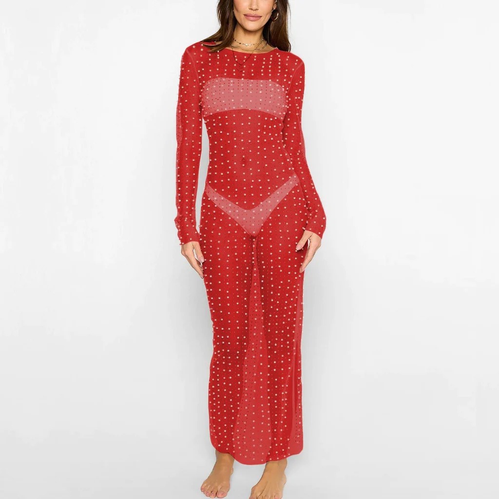 Beaded Hot Diamond Sexy Mesh Maxi Dress