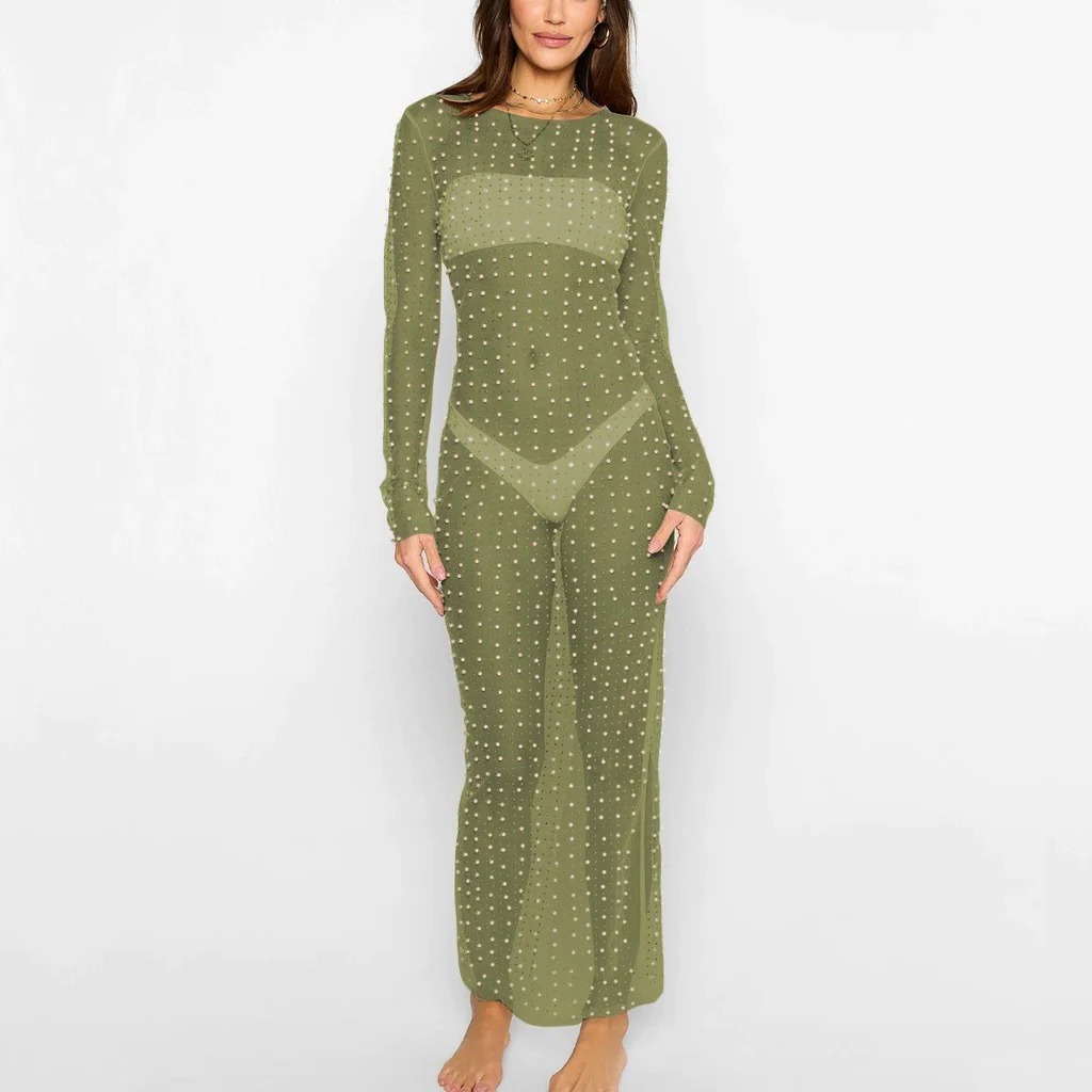 Beaded Hot Diamond Sexy Mesh Maxi Dress