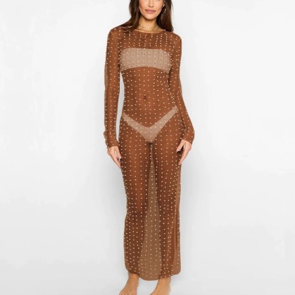 Beaded Hot Diamond Sexy Mesh Maxi Dress