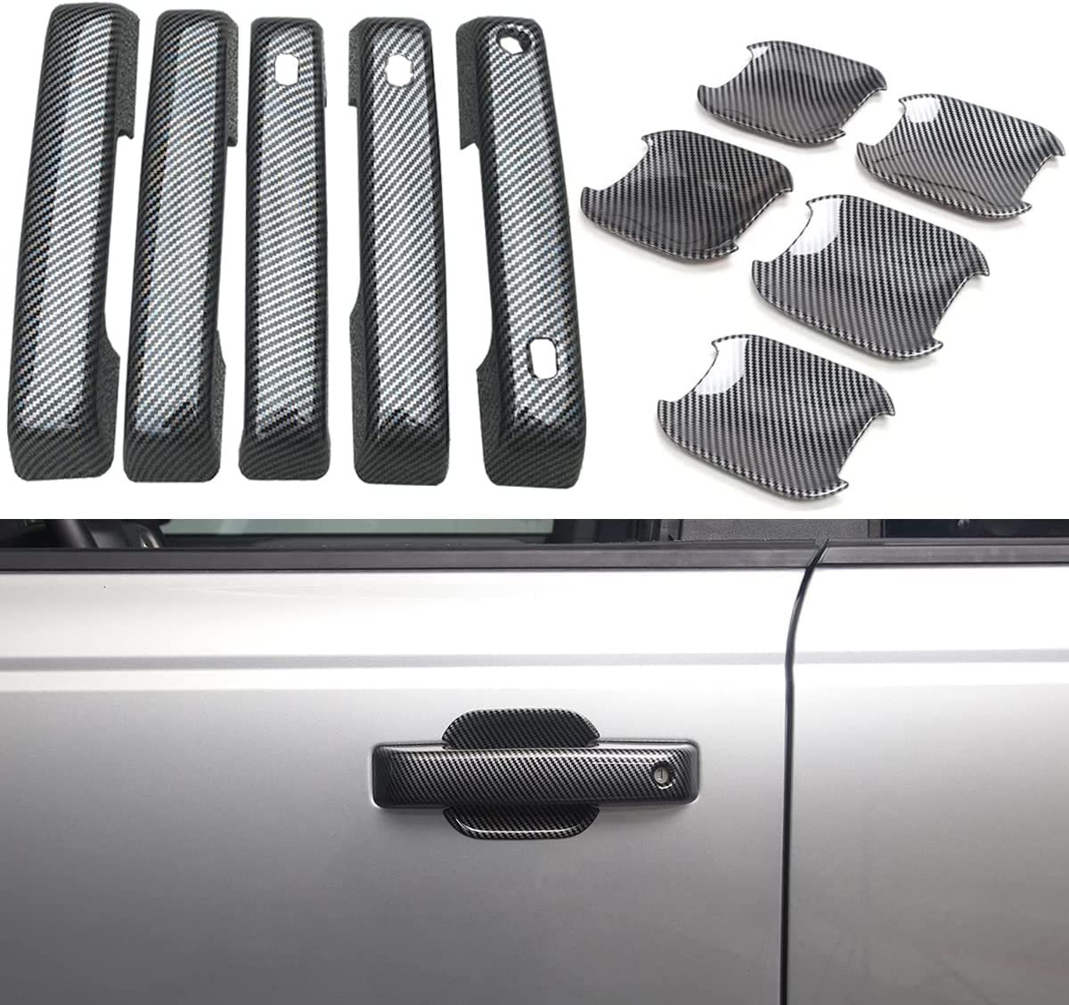 10pcs Carbon Fiber Door Handle Protector Cover and Outer Door Cup Bowl Cover Trim Set for Ford Bronco Accessories 2021 2022 