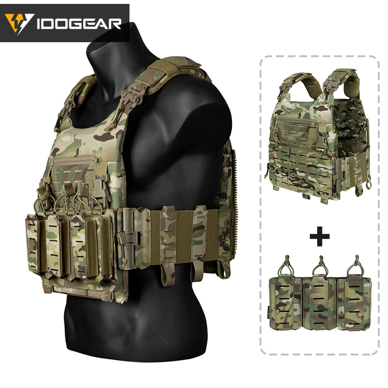 IDOGEAR Tactical Plate Carrier with LSR 9mm 556 Mag Pouch MOLLE Tactical Vest Quick Release Buckle Laser Cut Vest Military Camouflage Vest Set