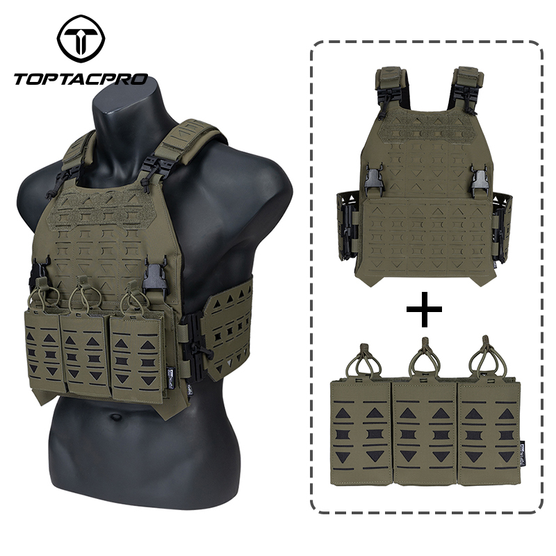 TOPTACPRO Tactical Plate Carrier with 556 Triple Magazine Pouch MOLLE Tactical JKC Vest Military Camouflage Vest Set-IDOGEAR INDUSTRIAL