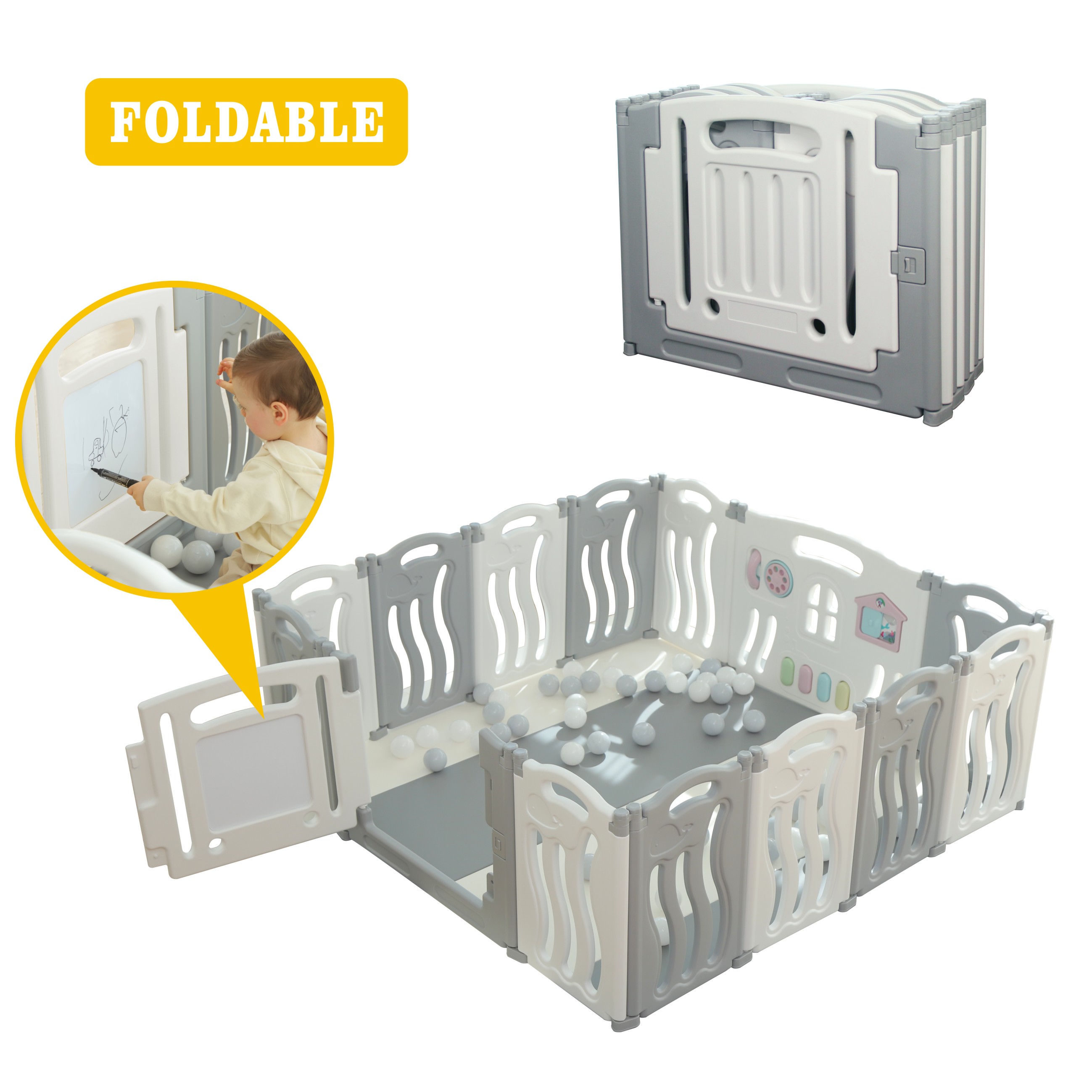 Gupamiga Foldable Baby playpen Baby Folding Play Pen Kids Activity Centre Safety Play Yard Home Indoor Outdoor New Pen with Drawing Board (White)