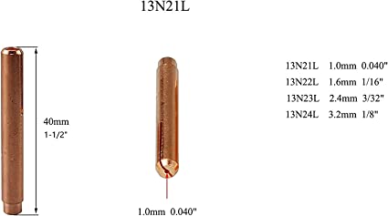 TIG collet 13N21L (0.040" and 1.00mm) 13N22L (1/16" and 1.60mm) 13N23L (3/32" and 2.4mm) 13N24L (1/8" and 3.2mm) kit in various sizes suitable for welding torch SR TIG WP 9 20 25 , pack of 10