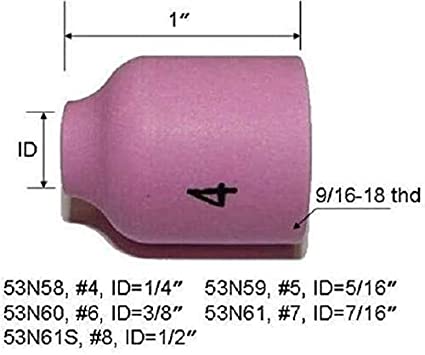 TIG Gas Lens Alumina Nozzle Kit 53N58#4(D6.5 x 25.5mm) 53N59#5(D8.0 x 25.5mm) 53N60#6(D9.5 x 25.5mm) 53N61#7(D11.0 x 25.5mm) 53N61S#8(D12.5 x 25.5mm) Fit PTA DB SR WP 9 20 24 25 TIG Welding Torch 10pk