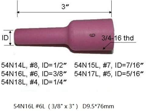 TIG Gas Lens Alumina Nozzle Ceramic Cup Long 54N16L (#6L 3/8" Orifice) Fit SR DTA DB WP 17 18 26 TIG Welding Torch 5pk