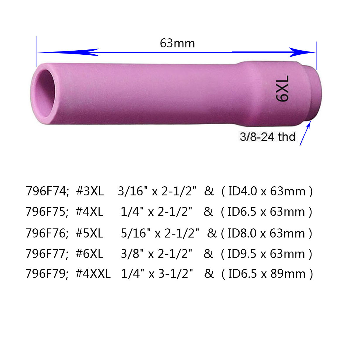 796F77 Long TIG Alumina Cups Nozzles Fit DB SR WP 9 20 25 TIG Welding Torch 5pk