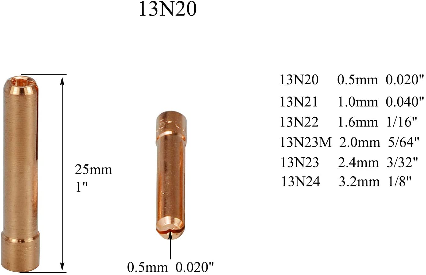 TIG Collets 13N20 (0.020" & 0.5mm) Orifice Fit DB PTA SR WP 9 20 25 TIG Welding Torch 10pk