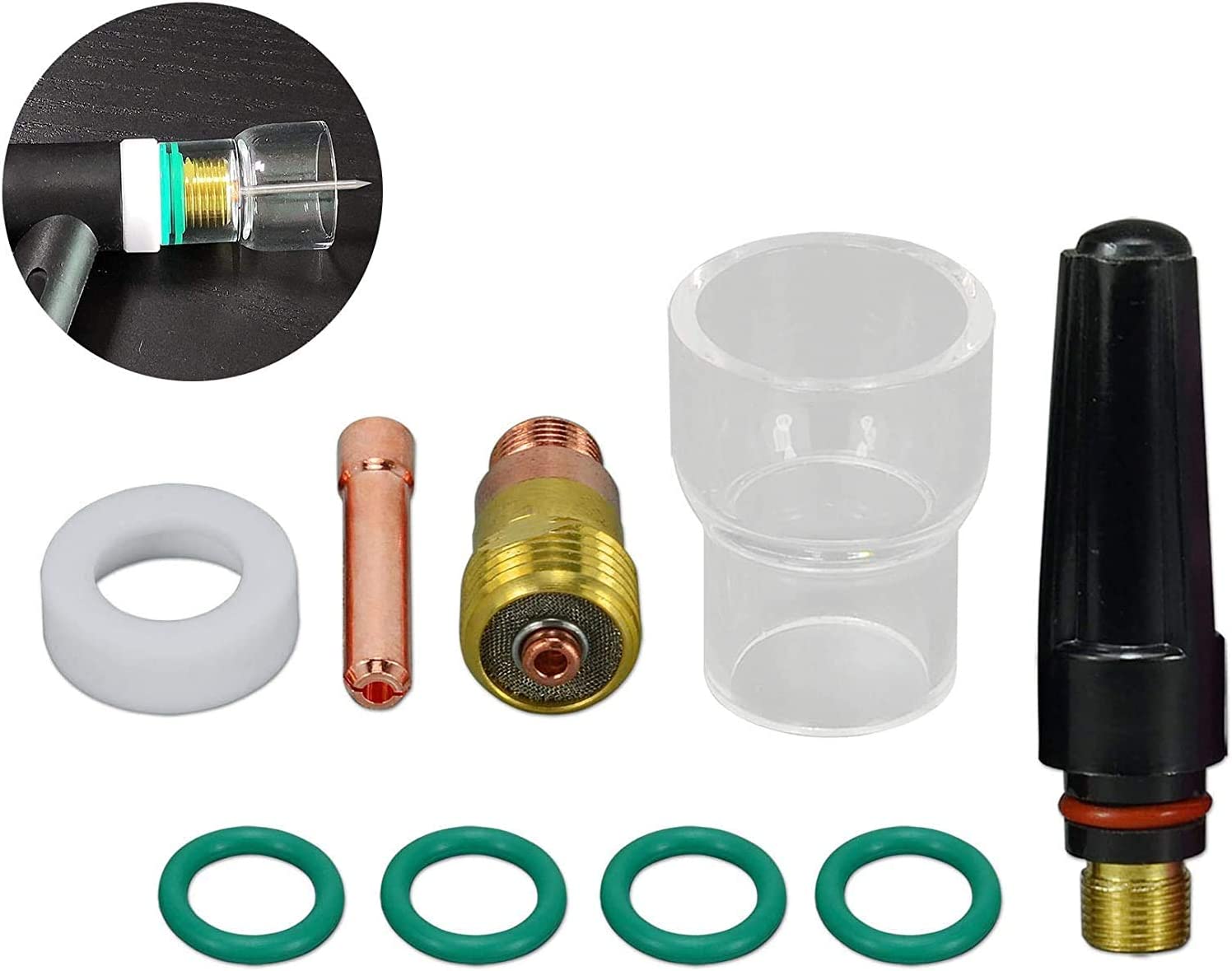 TIG Stubby Gas Lens Collet Body 17GL332 10N24S Insulated Cup #7 TIG Gas lens insulator 17GLG20 TIG Back cap 57Y03 SR WP 17 18 26 TIG Welding Torch 9pcs (17GL332 10N24S Glass Cup #12, 3/32" & 2.4mm)