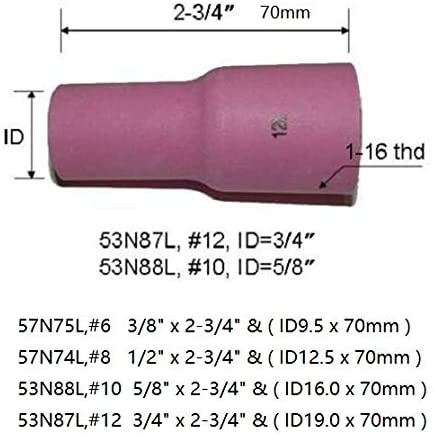 Alumina Nozzle with Long and Wide TIG Gas Lens 53N87L(#12, D19x70mm) 53N88L(#10, D16x70mm) 57N74L(#8, D12.5x70mm) 57N75L(#6, D9.5x70mm) Assorted Size Kit WP 9 17 18 20 25 26, 10pcs