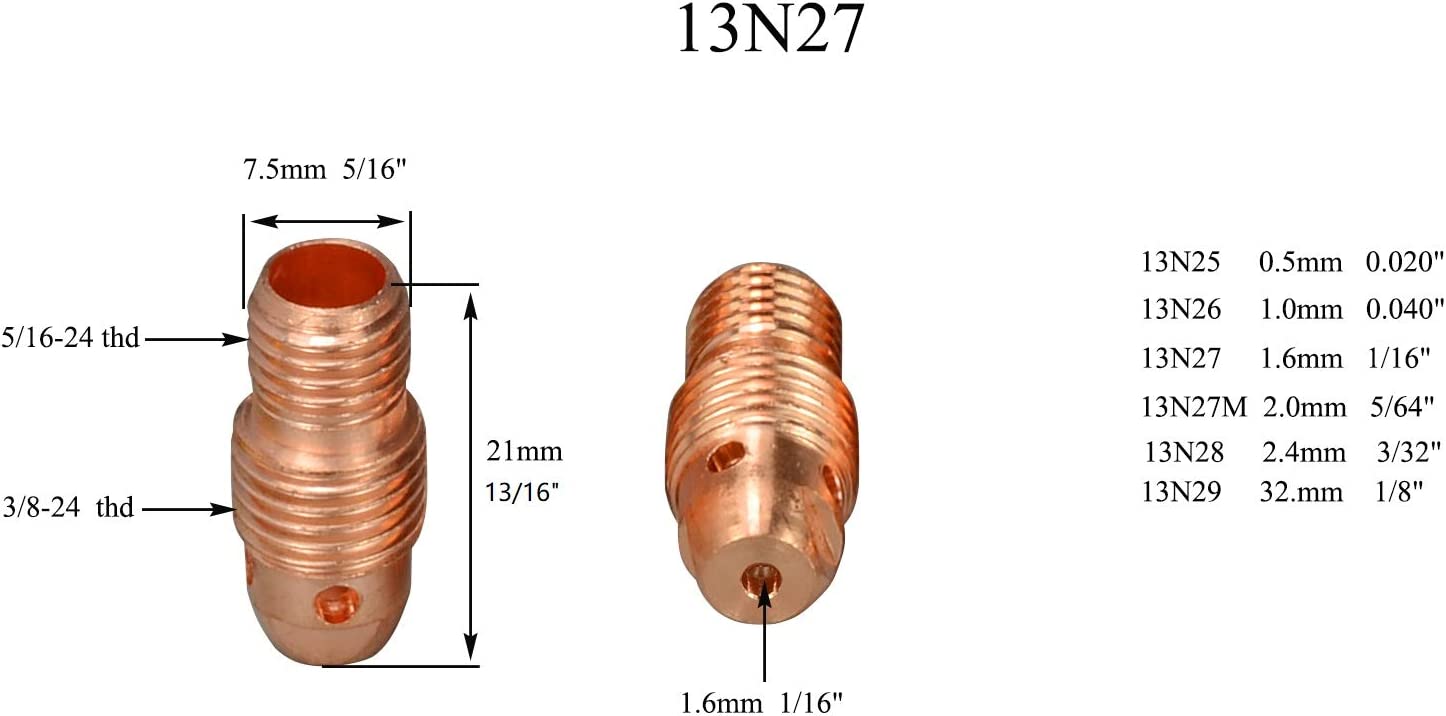 TIG Collet Body 13N27 (1/16" & 1.6mm Orifice) Kit Fit SR PTA WP 9 20 25 TIG Welding Torch 10pk