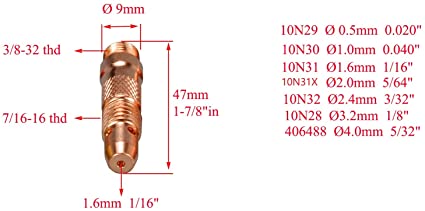 TIG Collet Bodis Assorted Size Kit 10N30 (1.0mm x 47mm) 10N31 (1.6mm x 47mm) 10N32 (2.4mm x 47mm) 10N28 (3.2mm x 47mm)406488 5/32" Orifice Fit SR DB PTA WP 17 18 26 TIG Welding Torch 10pk