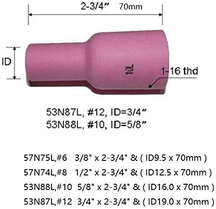 Alumina Nozzle with Long and Wide TIG Gas Lens 53N87L(#12, D19x70mm) 53N88L(#10, D16x70mm) 57N74L(#8, D12.5x70mm) 57N75L(#6, D9.5x70mm) Assorted Size Kit WP 9 17 18 20 25 26, 10pcs