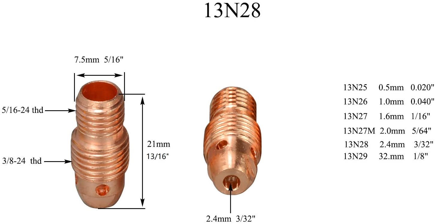 TIG Collet Body 13N28 (3/32" & 2.4mm) Fit SR PTA WP 9 20 25 TIG Welding Torch 10pk