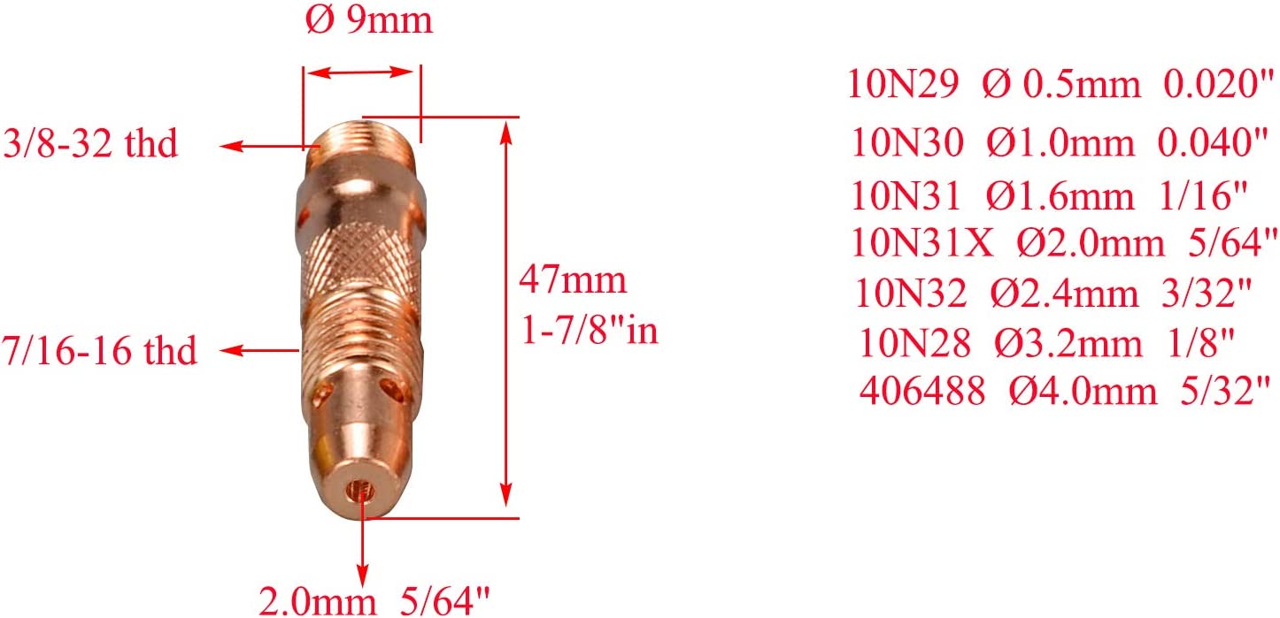 TIG Collet Bodies 10N31X (5/64" & 2.0mm Orifice) Fit SR DB PTA WP 17 18 26 TIG Welding Torch 5pk
