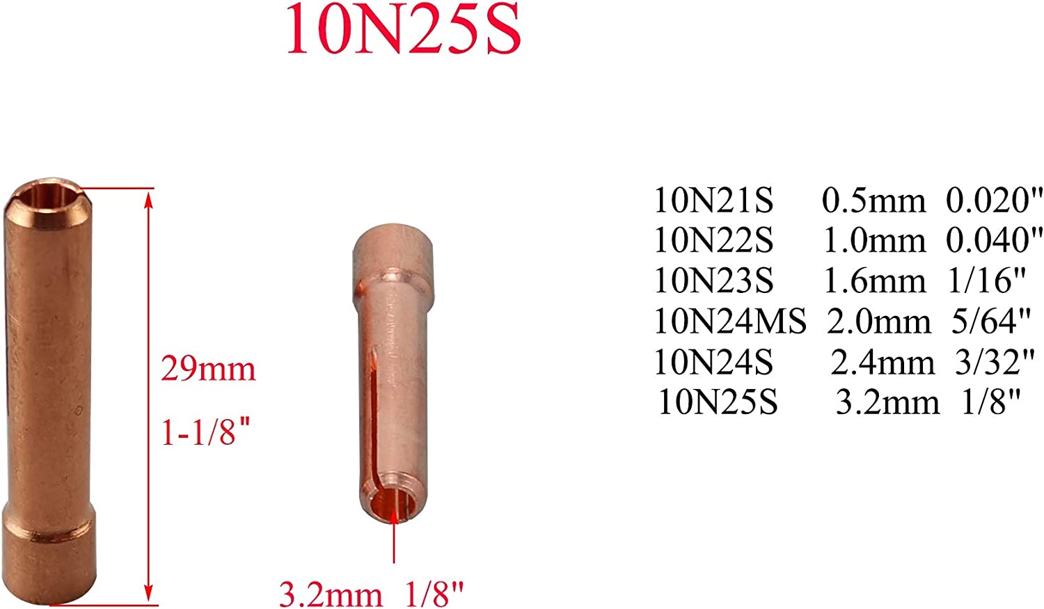 10N25S TIG Stubby Collet 1/8" & 3.2mm Fit WP PTA DB SR CK 17 18 26 TIG Welding Torch 5pk