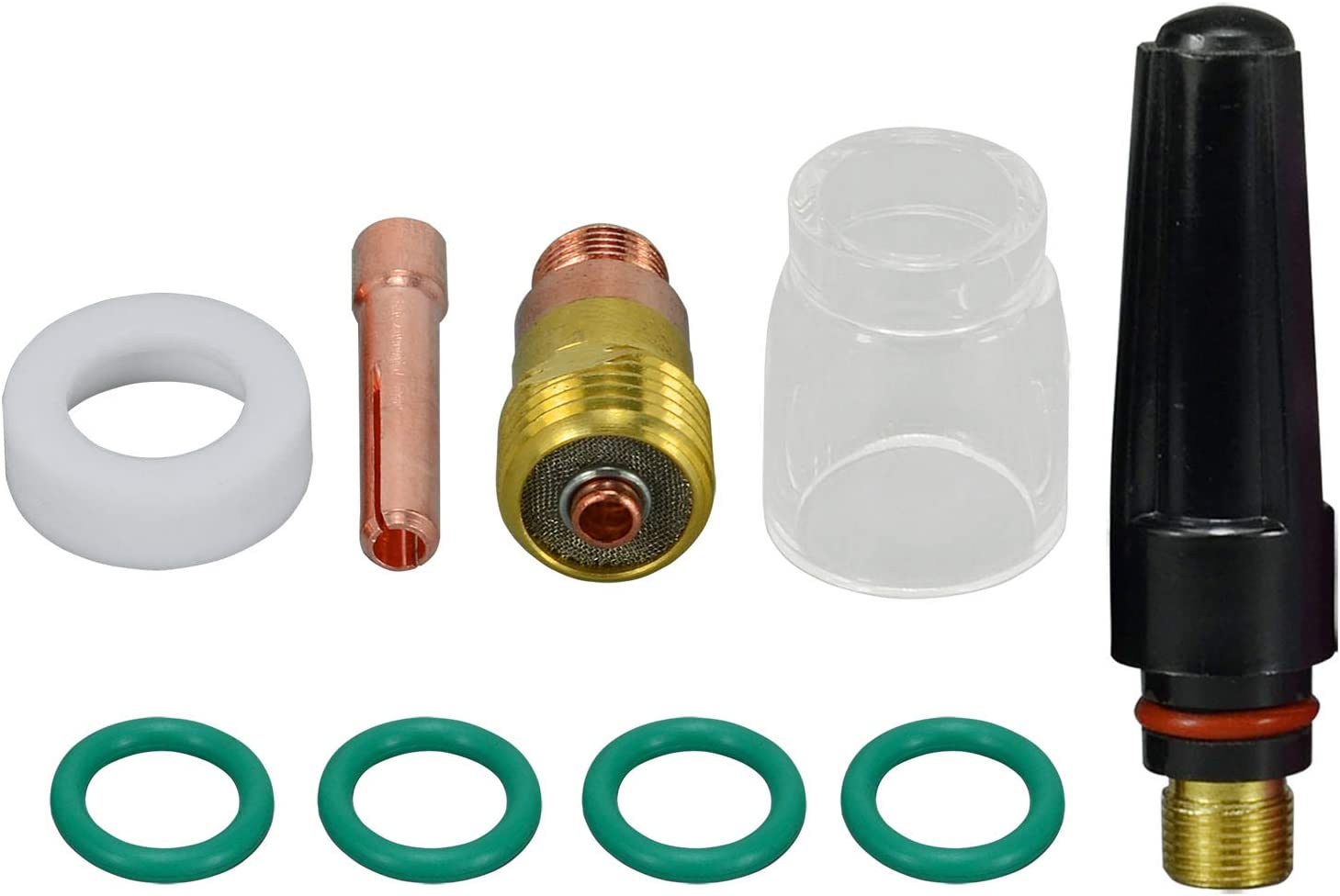 TIG Stubby Gas Lens Collet Body 17GL332 10N24S Insulated Cup #8TIG Gas lens insulator 17GLG20 TIG Back cap 57Y03 Assorted Kit for SR WP 17 18 26 TIG Welding Torch 9pcs (17GL18 10N25S, 1/8" & 3.2mm)