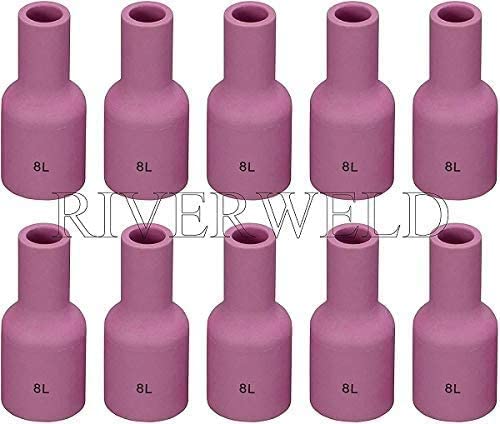 RIVERWELD Long Large TIG Gas Lens Alumina Nozzle Ceramic Cup 57N74L (# 8, 1/2 ") for TIG Welding Torch WP 9 17 18 20 25 26 Series in Lincoln Miller ESAB Weldcraft CK Everlast 10pk