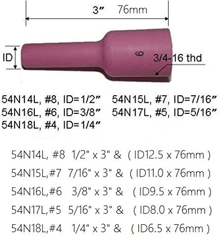 TIG Ceramic Cup 54N14#8 1/2", 54N15#7 7/16" 54N16#6 3/8" 54N17,#5 5/16" 54N18,#4 1/4" for Long Gas Lens Collets Body Kit Fit QQ300 SR WP 17 18 26 TIG Welding Torch 10pcs
