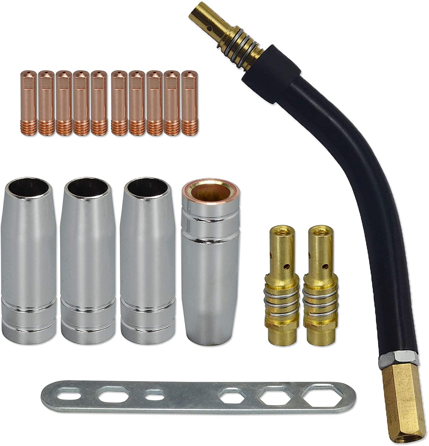   Roll over image to zoom in  MB15 15AK Contact Tip .045'' 1.2mm M6 & Tips Holder Difuser & Shield cup & Torch Neck For MB15 15AK MIG Welding Torch 18pk 