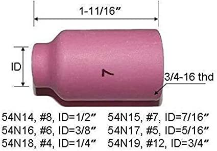TIG Gas Lens Ceramic Cup Kit 54N14#8(D12.5 x 42mm) 54N15#7(D11.0 x 42mm) 54N16#6(D9.5 x 42mm) 54N17#5(D8.0 x 42mm) 54N18#4(D6.5 x 42mm) for TIG Welding Torch WP 17 18 26 10pk