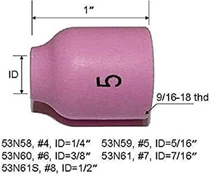 TIG Gas Lens Alumina Nozzle Kit 53N58#4(D6.5 x 25.5mm) 53N59#5(D8.0 x 25.5mm) 53N60#6(D9.5 x 25.5mm) 53N61#7(D11.0 x 25.5mm) 53N61S#8(D12.5 x 25.5mm) Fit PTA DB SR WP 9 20 24 25 TIG Welding Torch 10pk